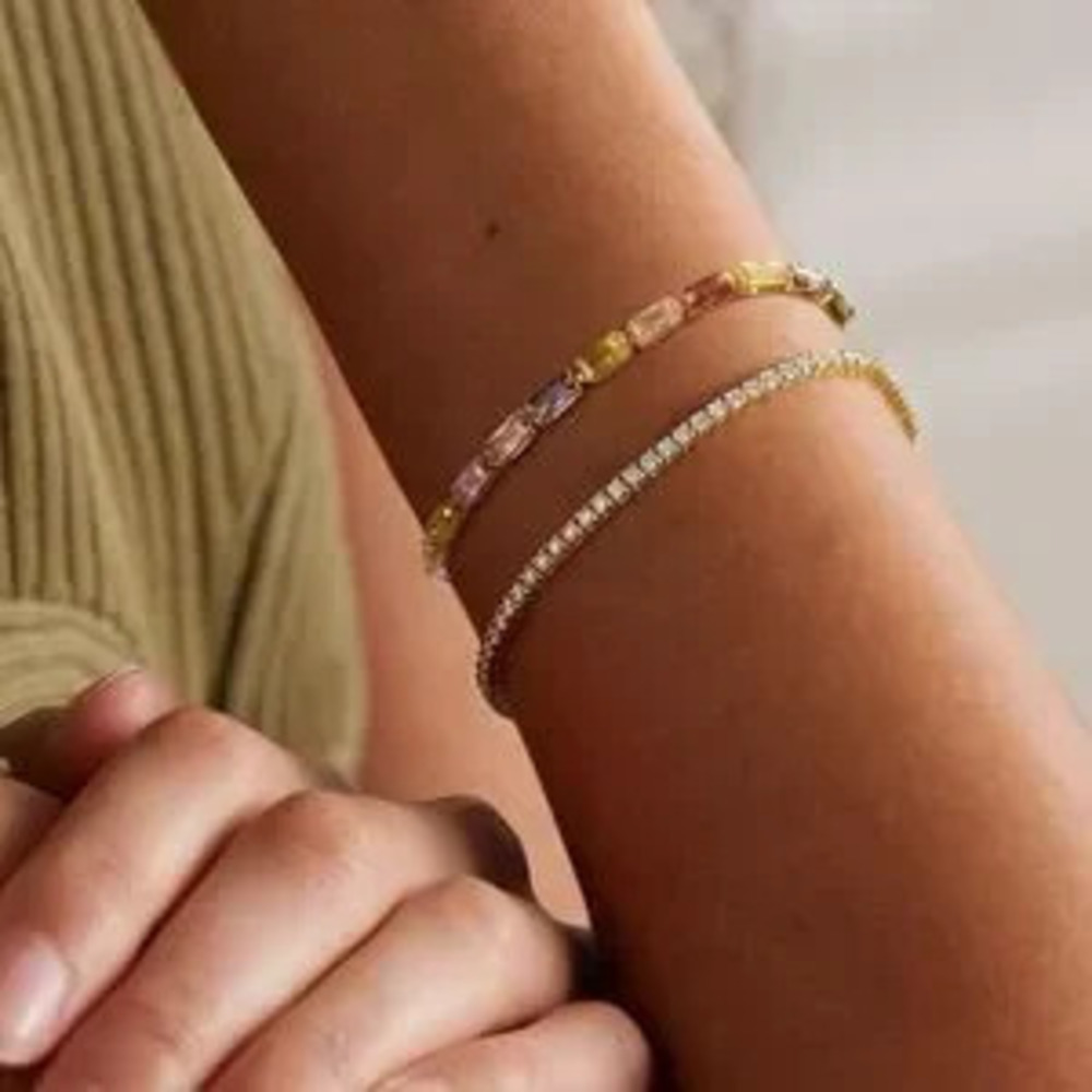 NEW?14K Gold Plated Cubic Zirconia Adjustable Multicolor Gemstone Gold Bracelet